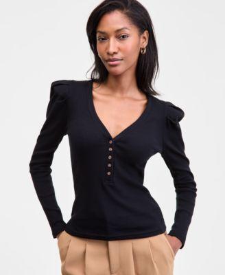on 34th womens puff shoulder long sleeve henley t shirt macys exclusive