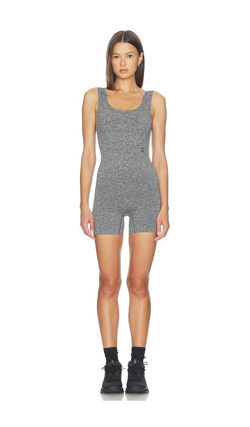 on studio knit romper in grey.