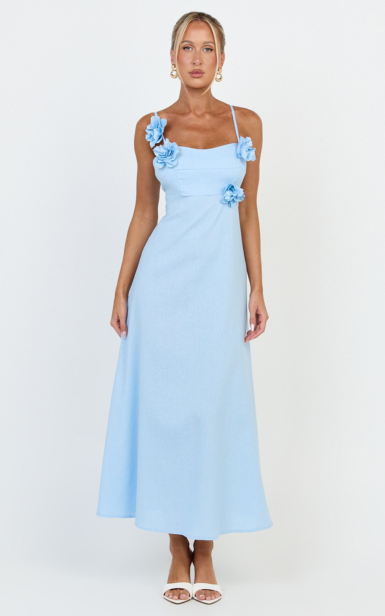 ondine midi dress- 3d flower strappy dress in blue