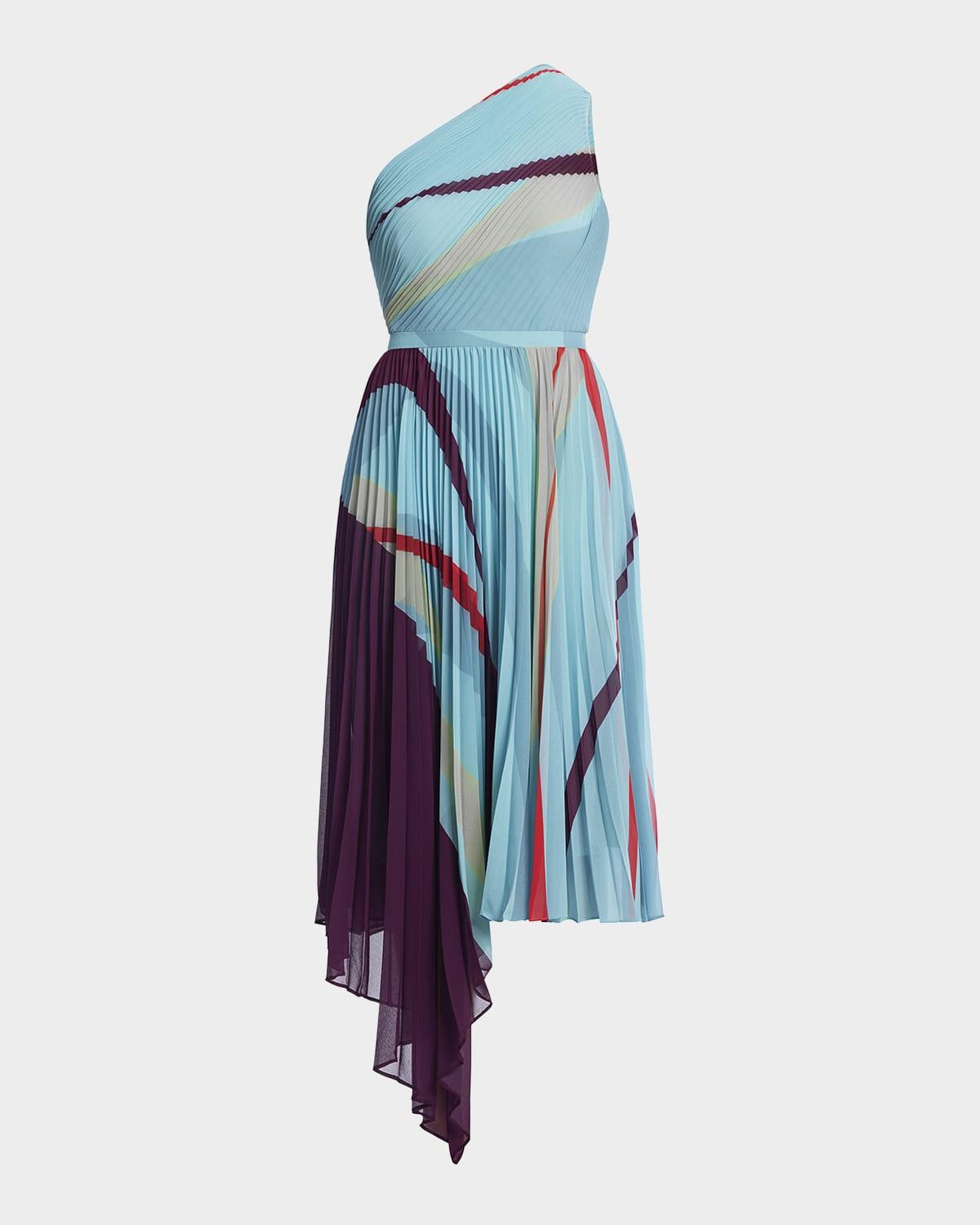 one-shoulder abstract-print pleated midi dress