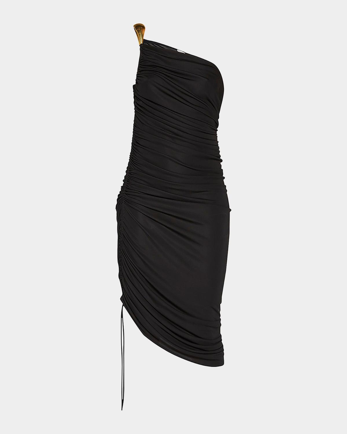 one-shoulder asymmetric midi dress with gold-tone detail