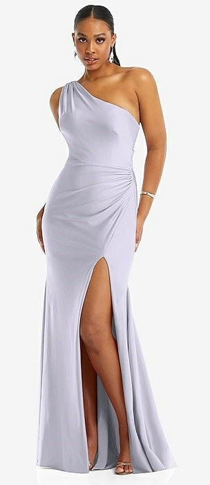 one-shoulder asymmetrical cowl back stretch satin mermaid dress