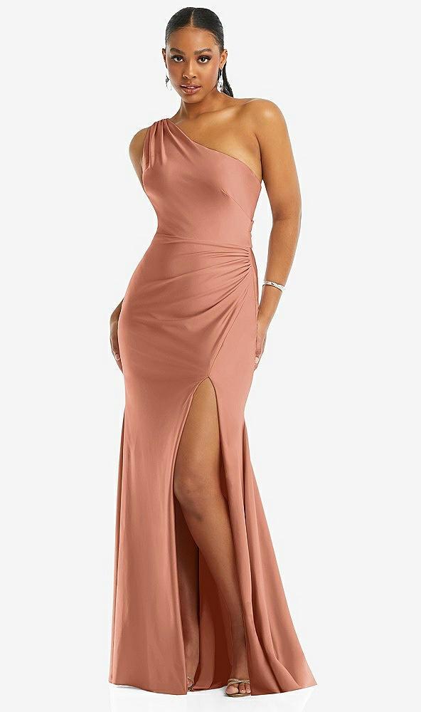 one-shoulder asymmetrical cowl back stretch satin mermaid dress