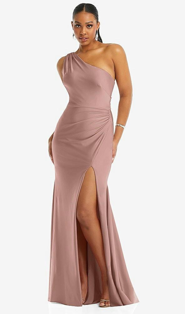 one-shoulder asymmetrical cowl back stretch satin mermaid dress