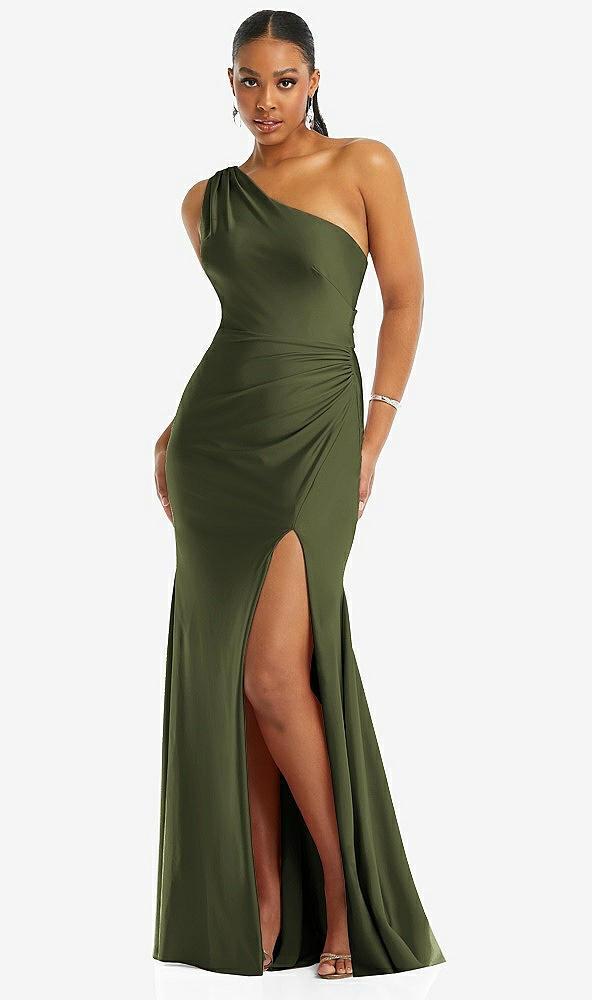 one-shoulder asymmetrical cowl back stretch satin mermaid dress