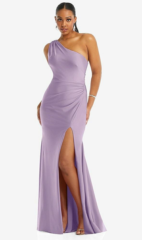 one-shoulder asymmetrical cowl back stretch satin mermaid dress