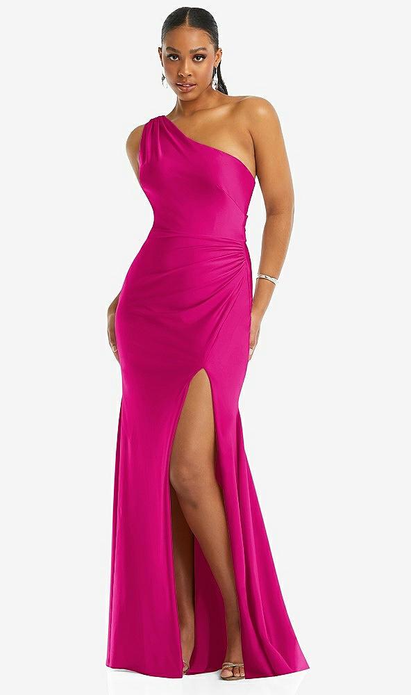 one-shoulder asymmetrical cowl back stretch satin mermaid dress