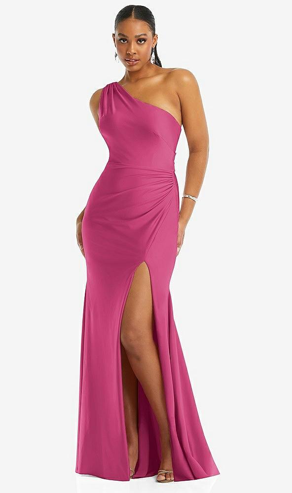one-shoulder asymmetrical cowl back stretch satin mermaid dress