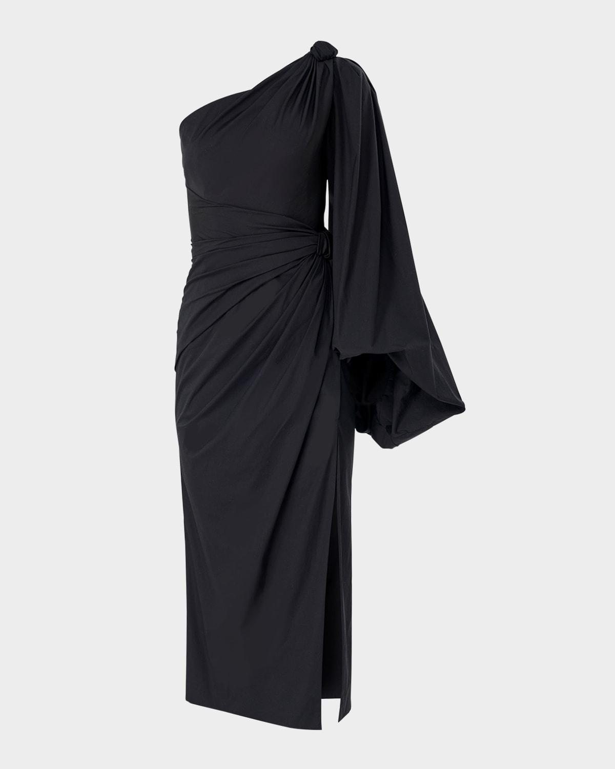 one-shoulder balloon-sleeve midi dress