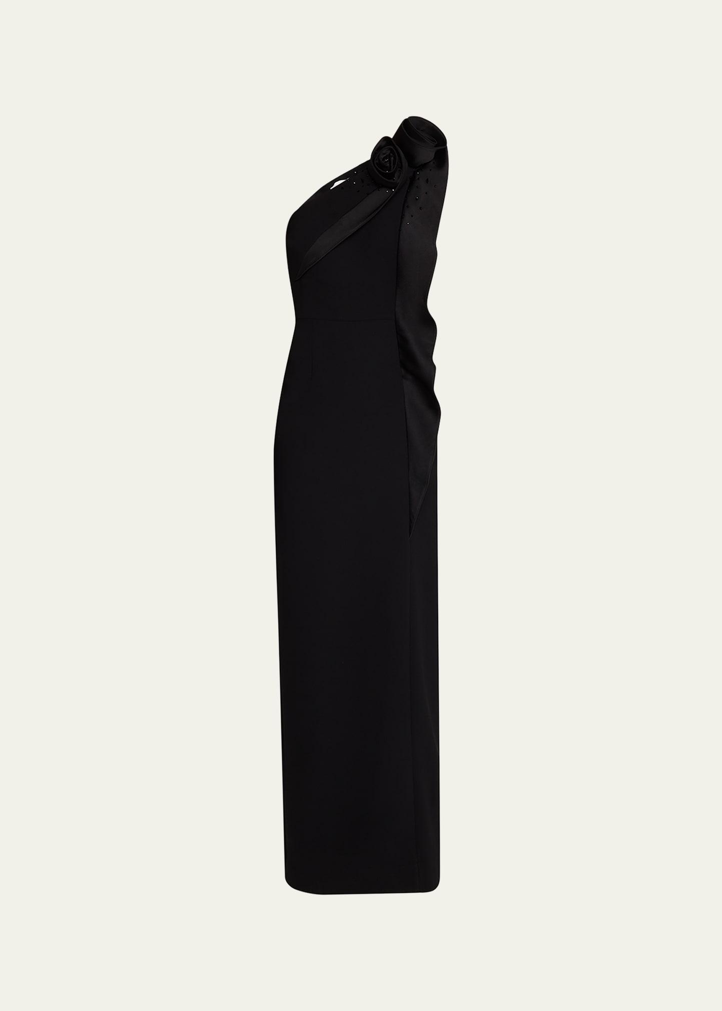 one-shoulder beaded column gown