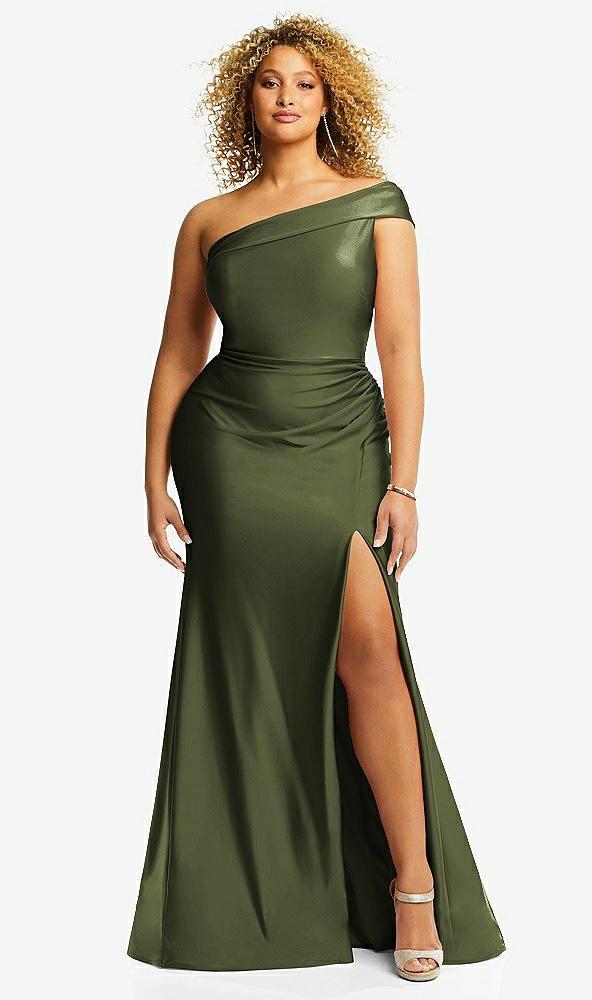 one-shoulder bias-cuff stretch satin mermaid dress with slight train