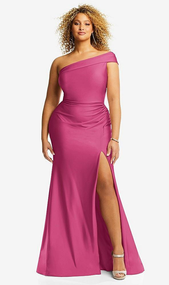 one-shoulder bias-cuff stretch satin mermaid dress with slight train