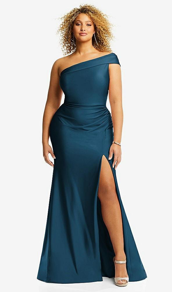 one-shoulder bias-cuff stretch satin mermaid dress with slight train