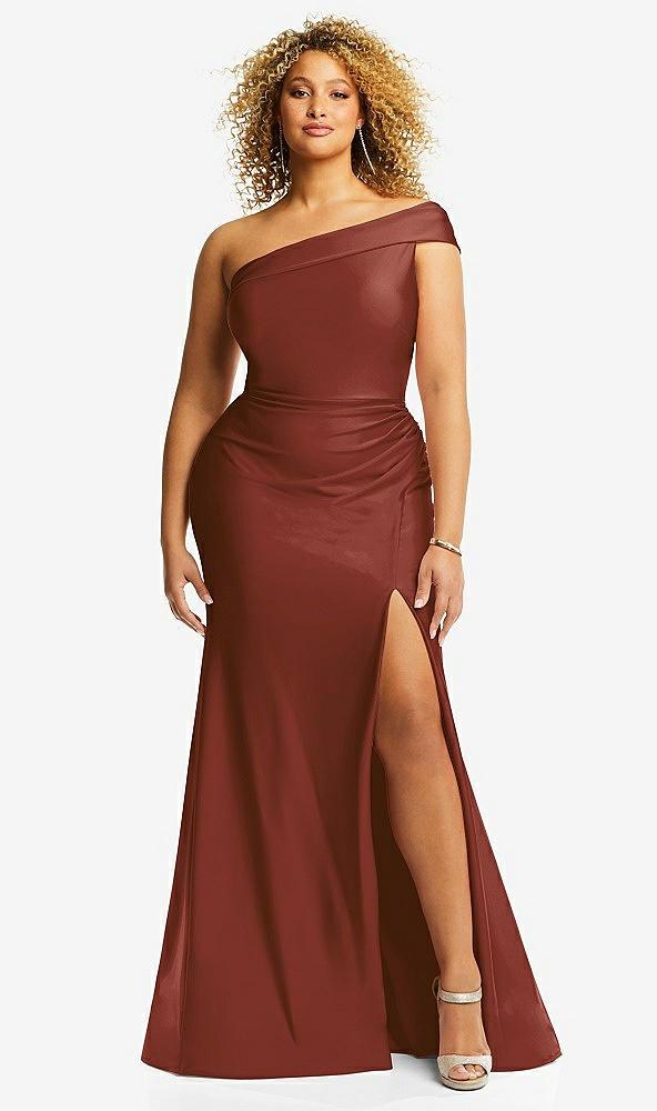 one-shoulder bias-cuff stretch satin mermaid dress with slight train
