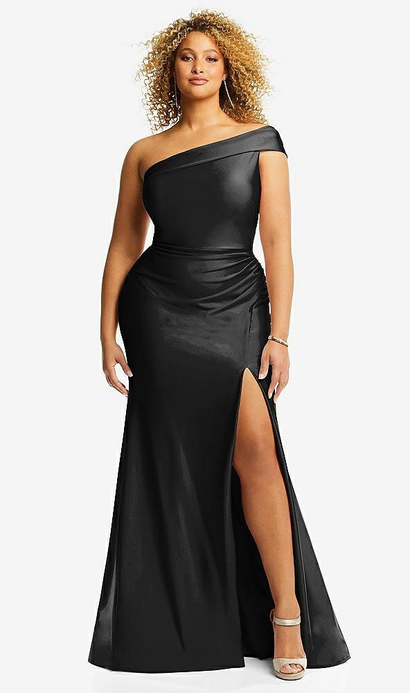 one-shoulder bias-cuff stretch satin mermaid dress with slight train