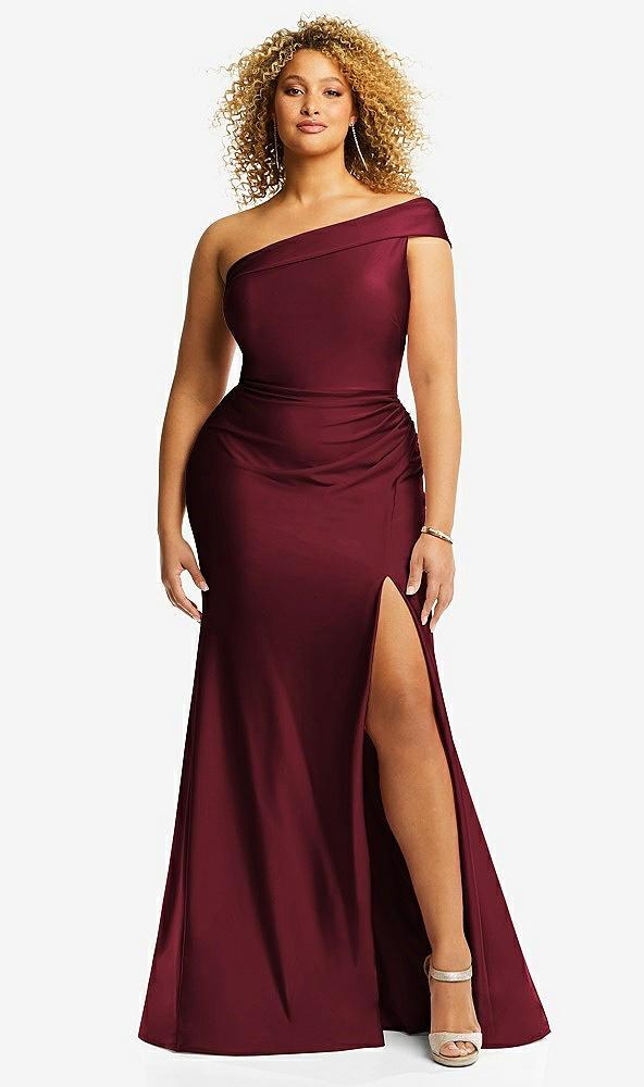 one-shoulder bias-cuff stretch satin mermaid dress with slight train