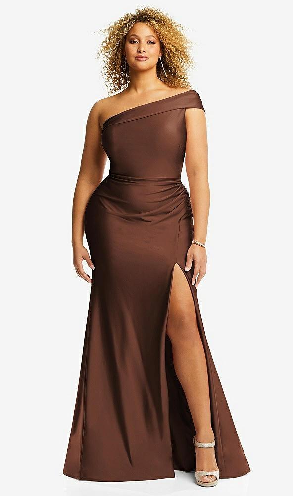 one-shoulder bias-cuff stretch satin mermaid dress with slight train