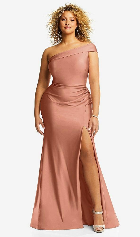 one-shoulder bias-cuff stretch satin mermaid dress with slight train
