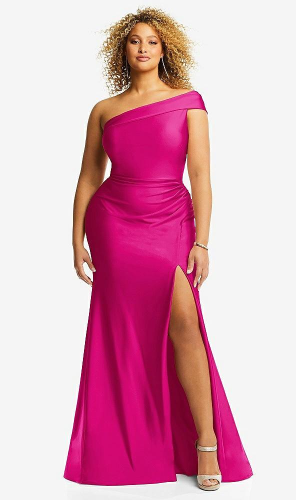 one-shoulder bias-cuff stretch satin mermaid dress with slight train