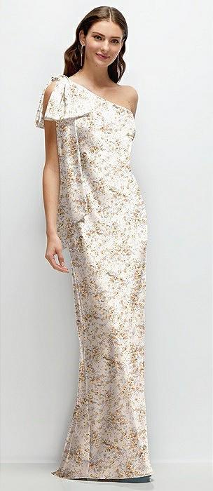 one-shoulder bias-cut floral satin maxi dress with cascading shoulder bow