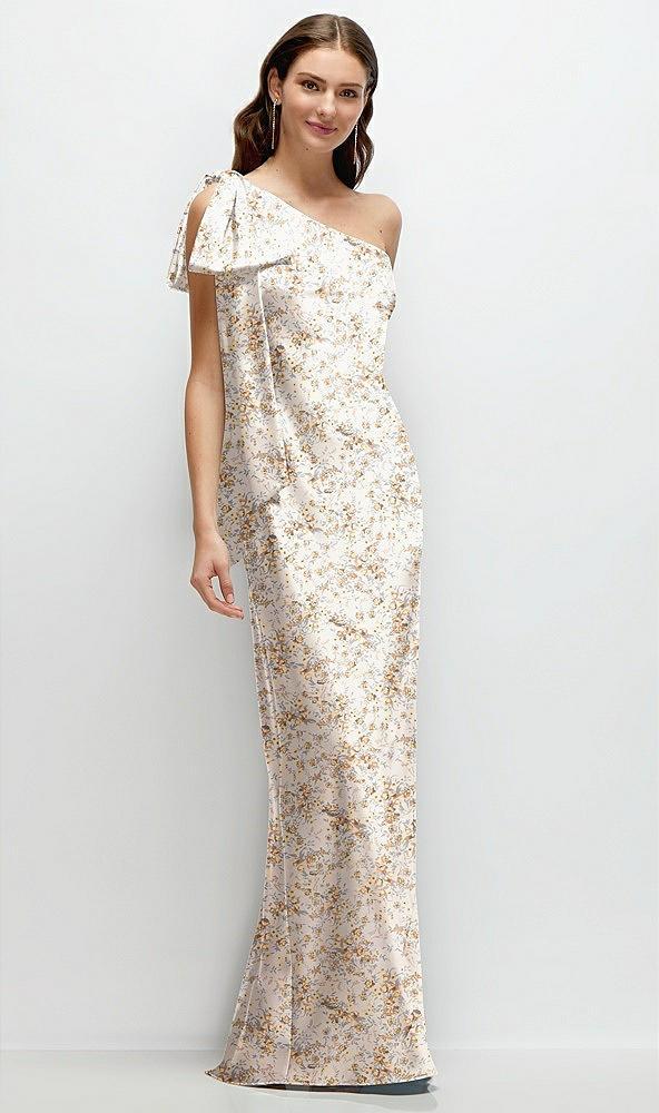 one-shoulder bias-cut floral satin maxi dress with cascading shoulder bow