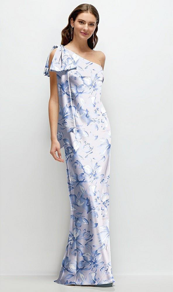 one-shoulder bias-cut floral satin maxi dress with cascading shoulder bow