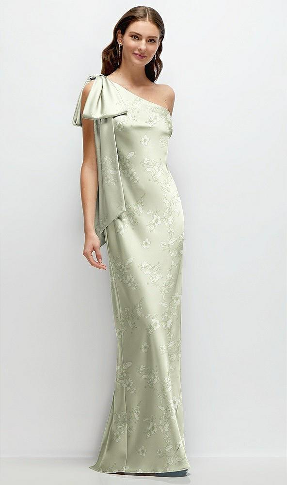 one-shoulder bias-cut floral satin maxi dress with cascading shoulder bow