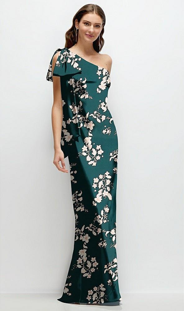 one-shoulder bias-cut floral satin maxi dress with cascading shoulder bow