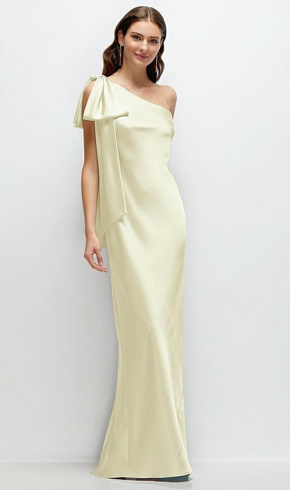 one-shoulder bias-cut satin maxi dress with cascading shoulder bow