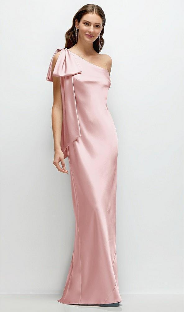 one-shoulder bias-cut satin maxi dress with cascading shoulder bow