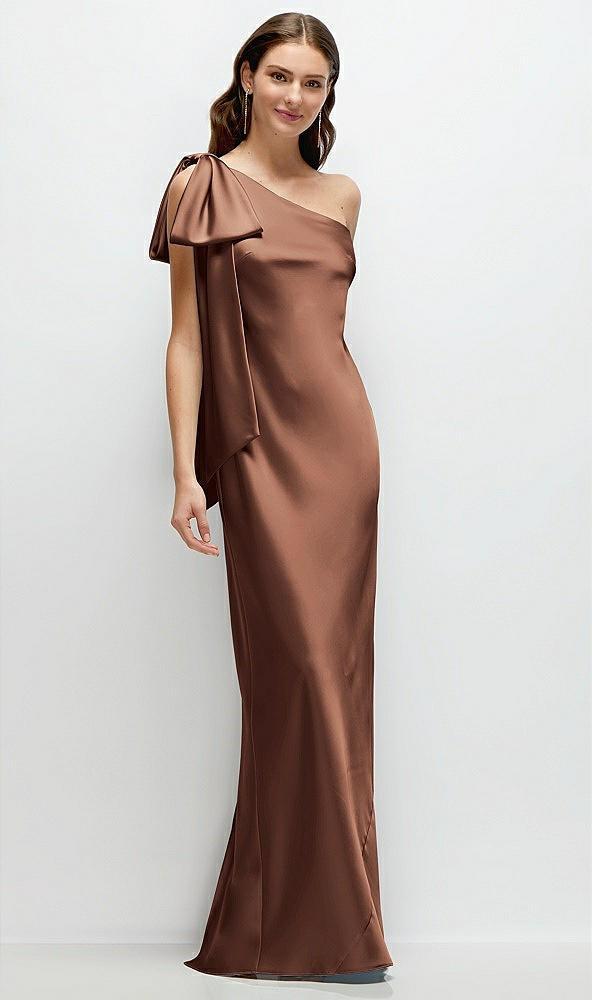one-shoulder bias-cut satin maxi dress with cascading shoulder bow