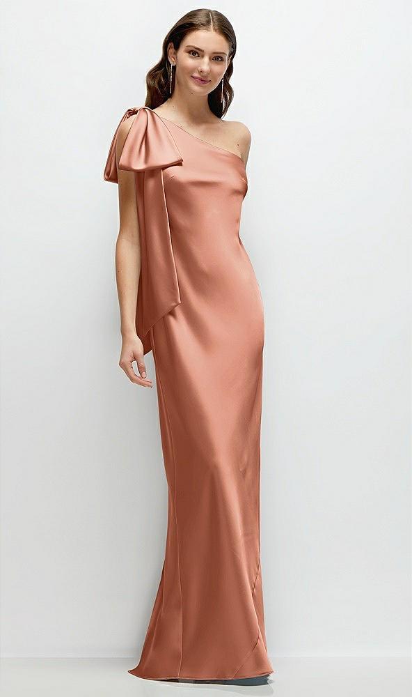 one-shoulder bias-cut satin maxi dress with cascading shoulder bow