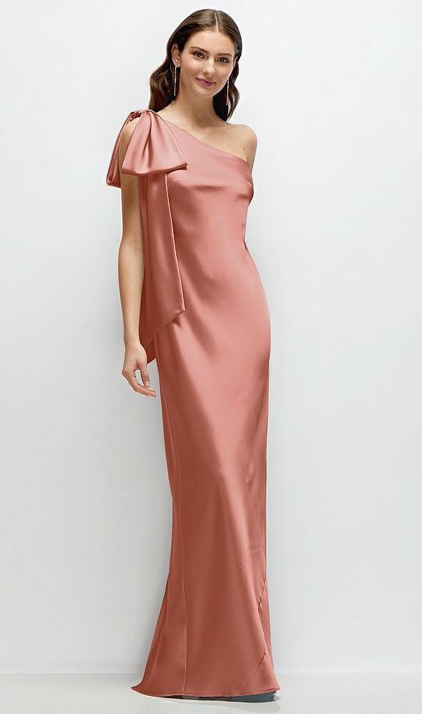one-shoulder bias-cut satin maxi dress with cascading shoulder bow