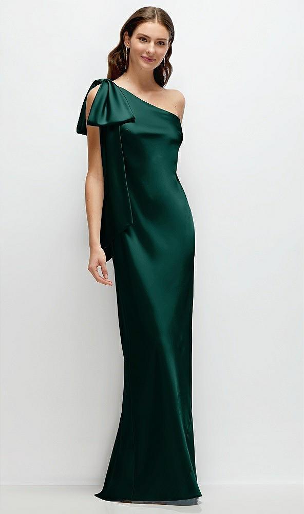 one-shoulder bias-cut satin maxi dress with cascading shoulder bow