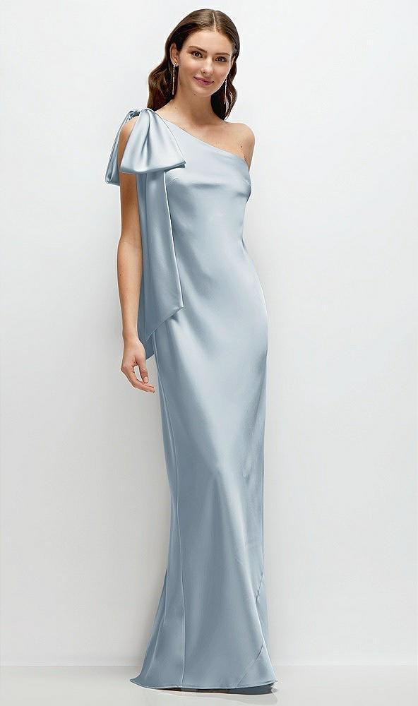 one-shoulder bias-cut satin maxi dress with cascading shoulder bow