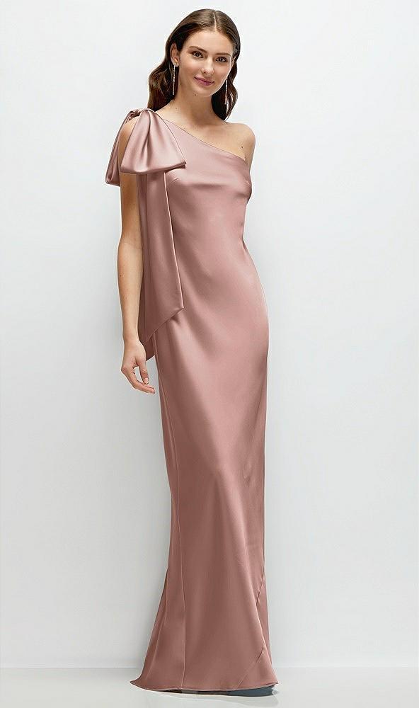 one-shoulder bias-cut satin maxi dress with cascading shoulder bow