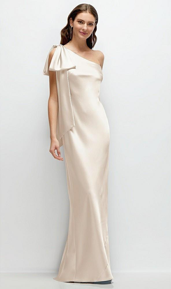 one-shoulder bias-cut satin maxi dress with cascading shoulder bow