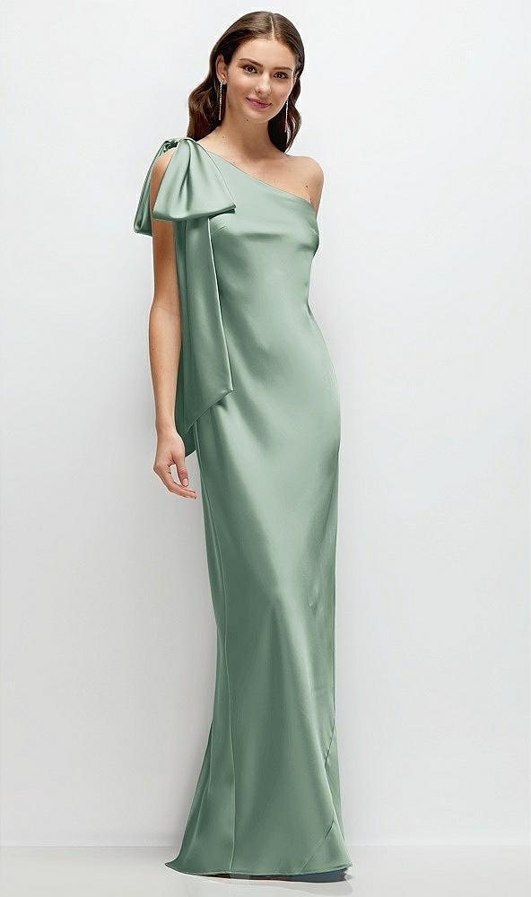 one-shoulder bias-cut satin maxi dress with cascading shoulder bow