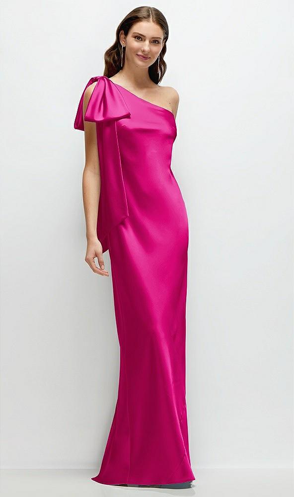 one-shoulder bias-cut satin maxi dress with cascading shoulder bow