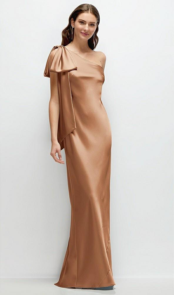 one-shoulder bias-cut satin maxi dress with cascading shoulder bow