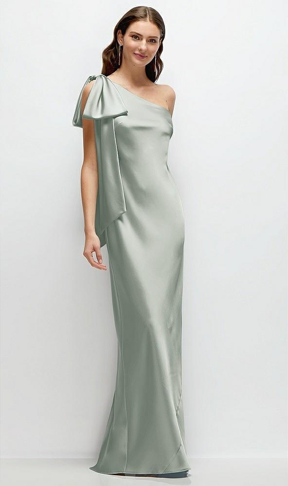 one-shoulder bias-cut satin maxi dress with cascading shoulder bow