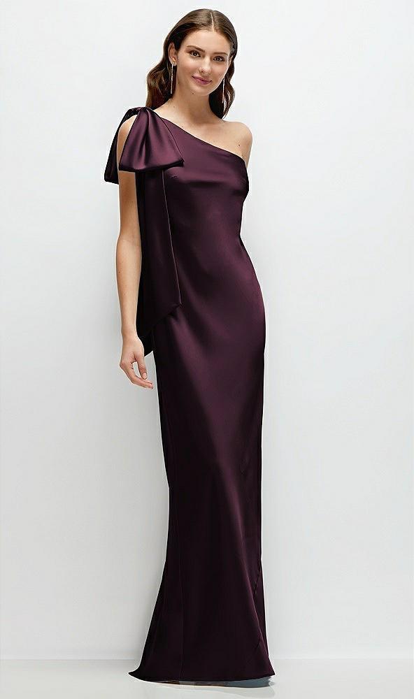one-shoulder bias-cut satin maxi dress with cascading shoulder bow