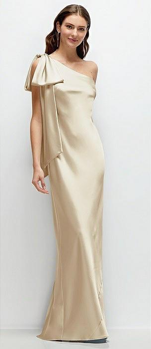 one-shoulder bias-cut satin maxi dress with cascading shoulder bow