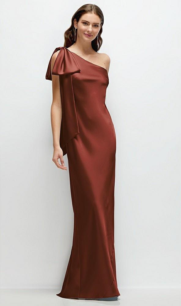 one-shoulder bias-cut satin maxi dress with cascading shoulder bow