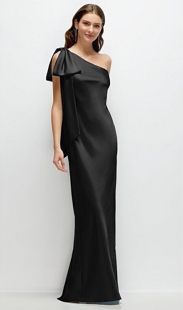 one-shoulder bias-cut satin maxi dress with cascading shoulder bow