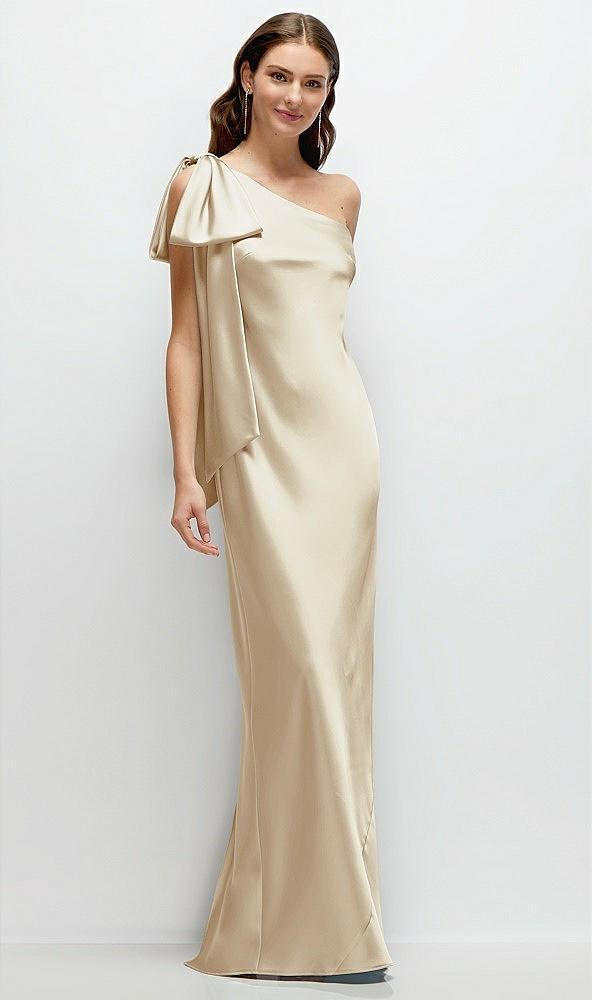 one-shoulder bias-cut satin maxi dress with cascading shoulder bow
