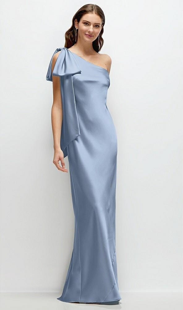 one-shoulder bias-cut satin maxi dress with cascading shoulder bow