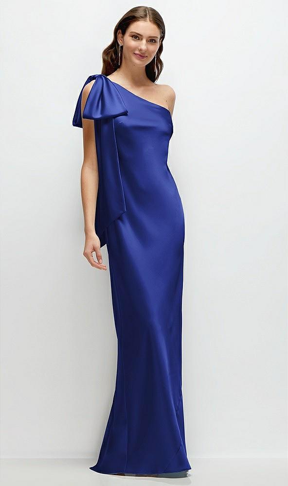 one-shoulder bias-cut satin maxi dress with cascading shoulder bow
