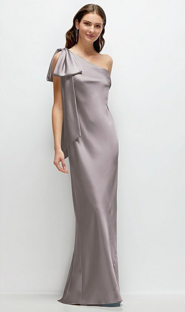 one-shoulder bias-cut satin maxi dress with cascading shoulder bow