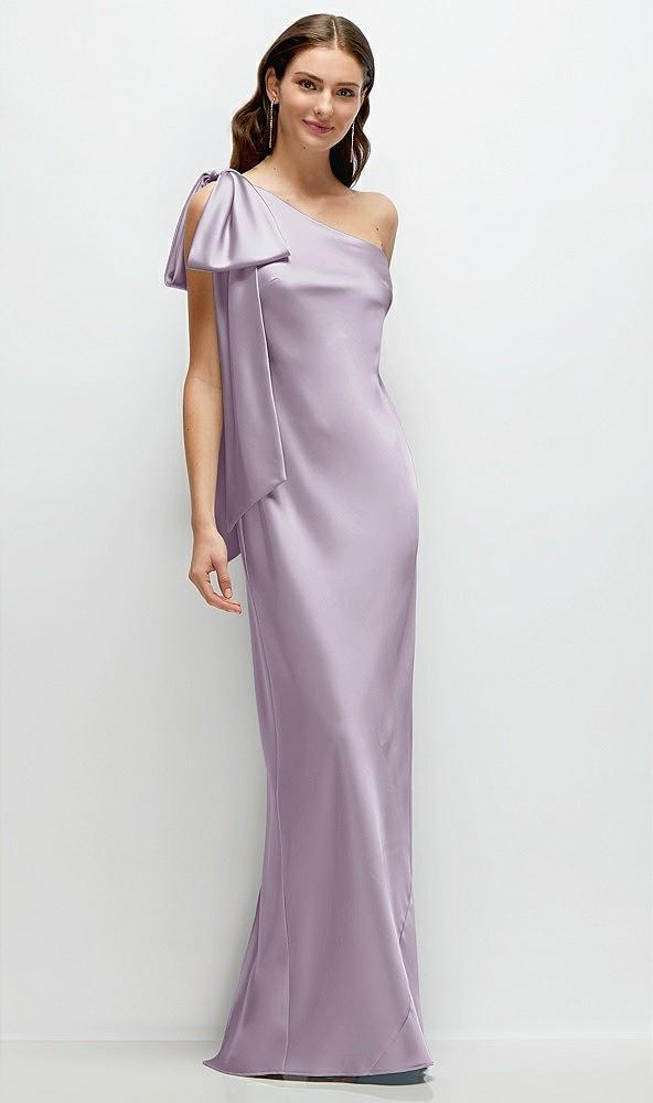 one-shoulder bias-cut satin maxi dress with cascading shoulder bow